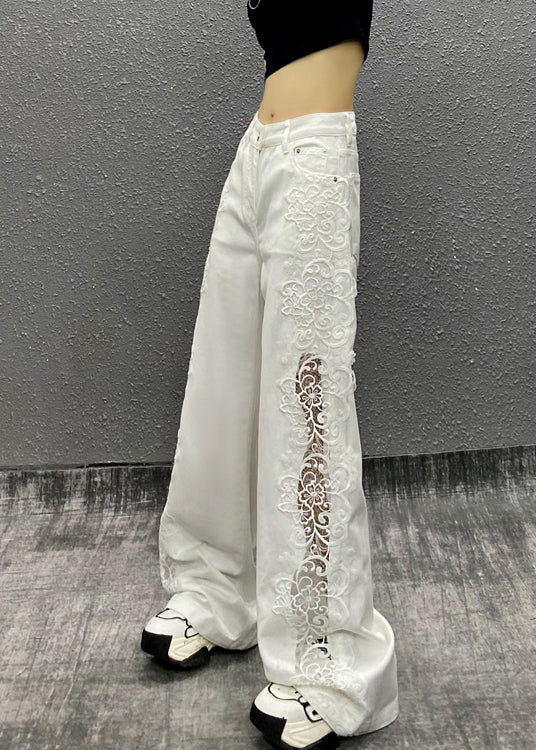 New White Pockets Hollow Out Patchwork Denim Straight Pants Fall