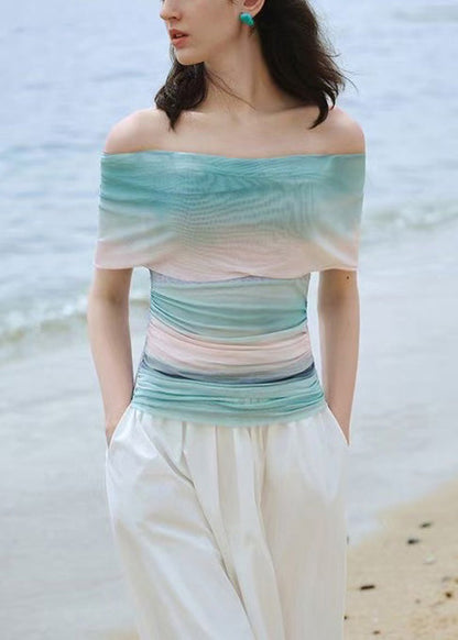 Slim Fit Gradient Color Slash Neck Knit Patchwork Tulle Top Summer