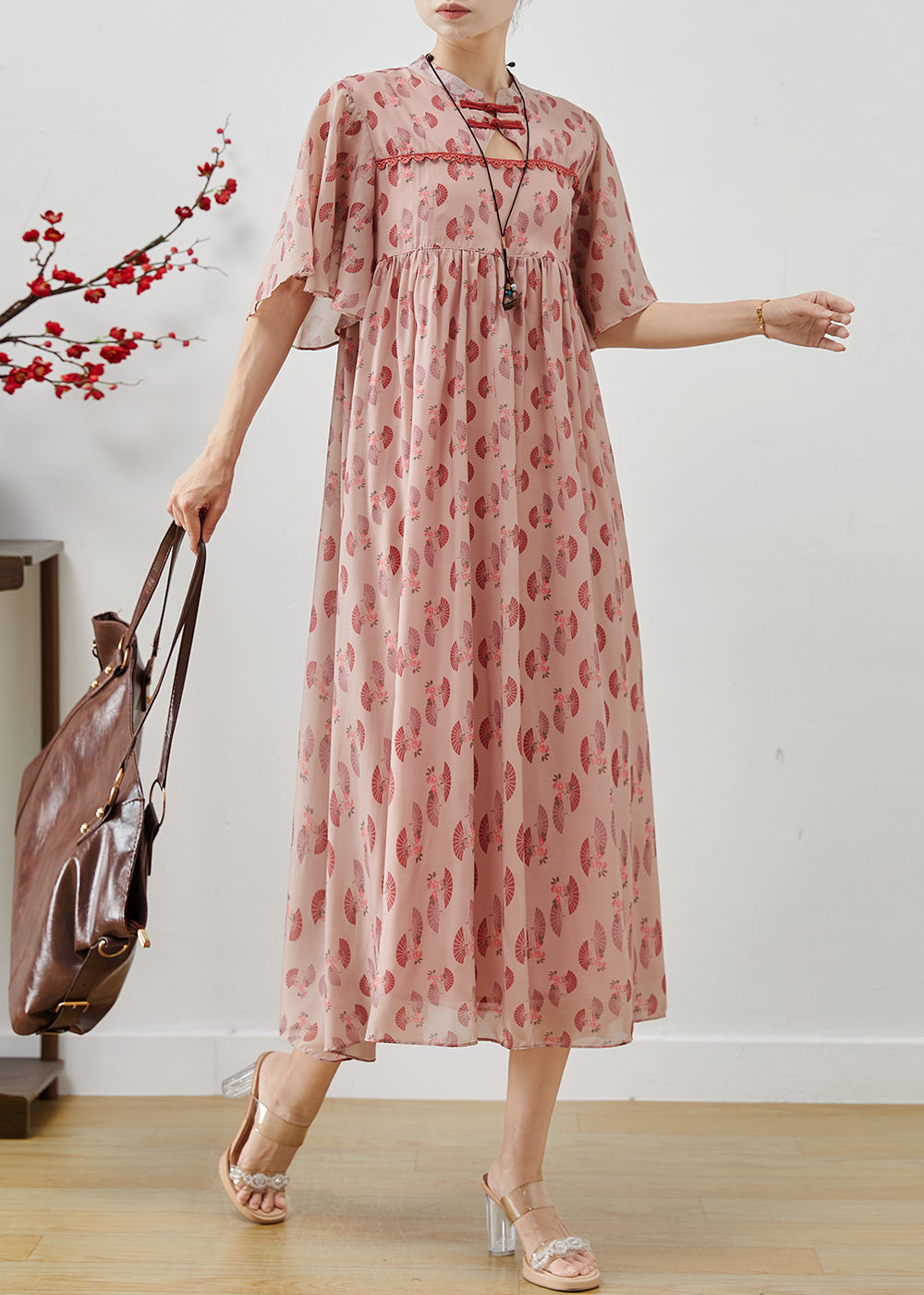 Pink Chinese Button Print Chiffon Dress Summer