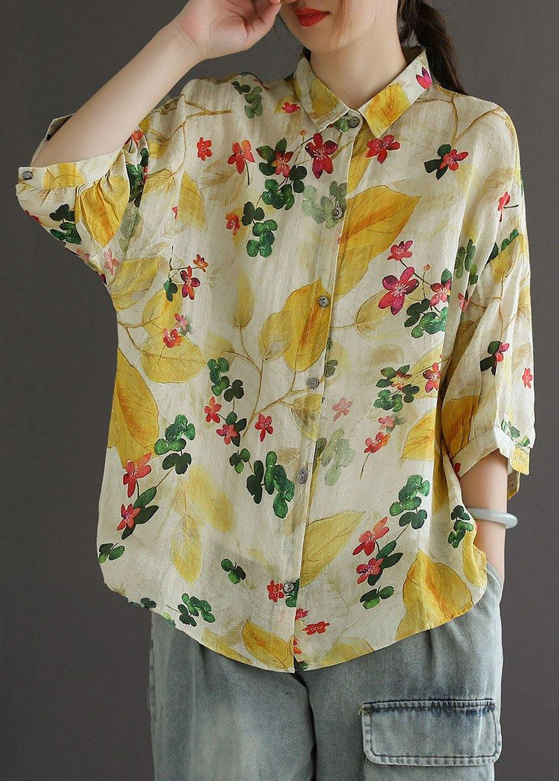 Print Peter Pan Collar Button Summer Linen Top Three Quarter Sleeve