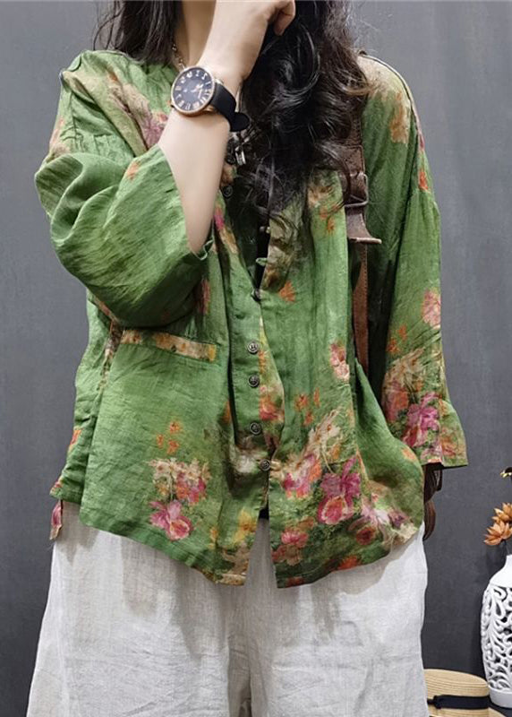 Green O-neck Pockets Linen Shirt Spring