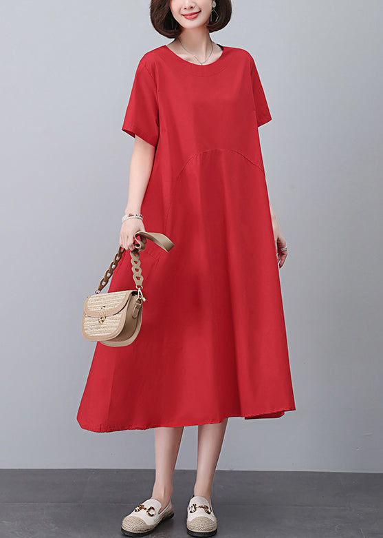 Red Pockets Cotton Dress O Neck Short Sleeve