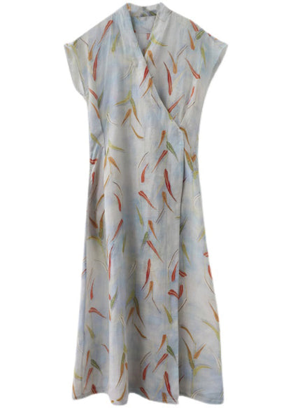 Print Tie Waist Linen Long Dress Summer