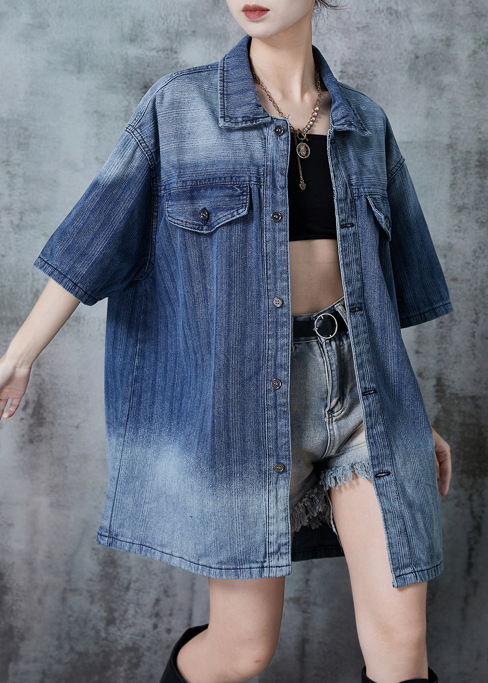 Gradient Blue Oversized Denim Shirt Summer