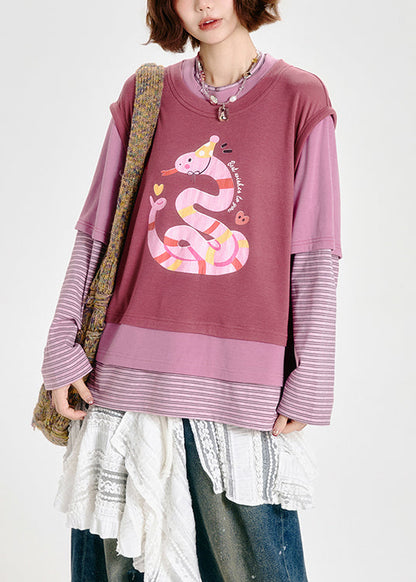 Pink Oversized Patchwork Print Cotton Fake Two Piece Sweatshirts Top Spring