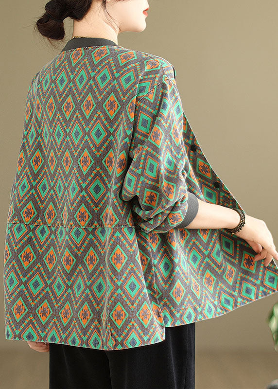 Green O Neck Pockets Print Denim Coat Spring