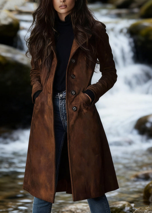 Dark Brown Peter Pan Collar Pockets Faux Suede Coat Spring