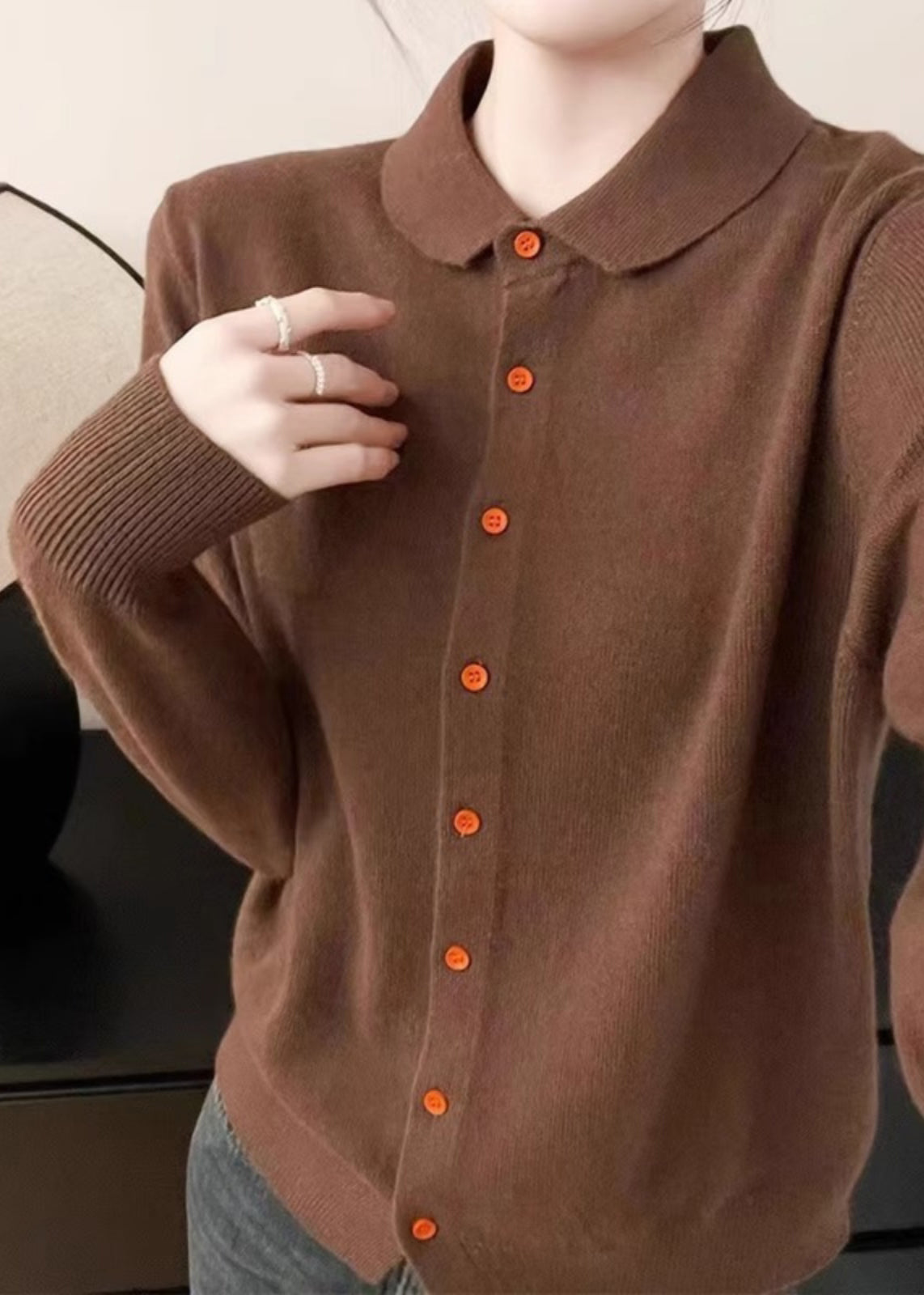 Handmade White Peter Pan Collar Pockets Cotton Knitted Cardigans Fall