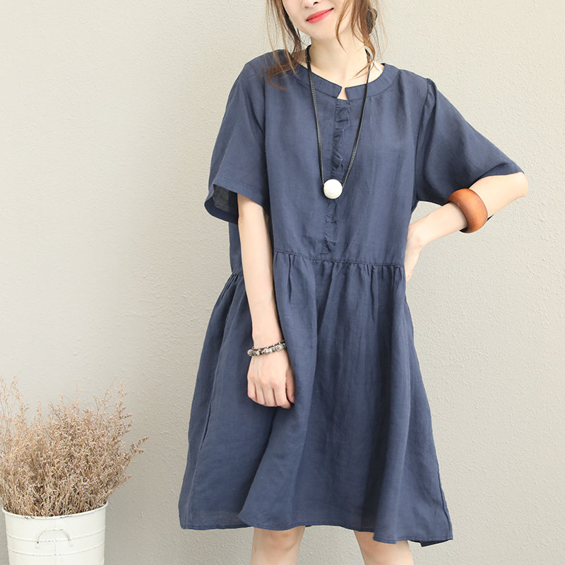 Stylish Blue Linen Dress Oversize Linen Maxi Dress Ruffles O Neck Cotton Dress