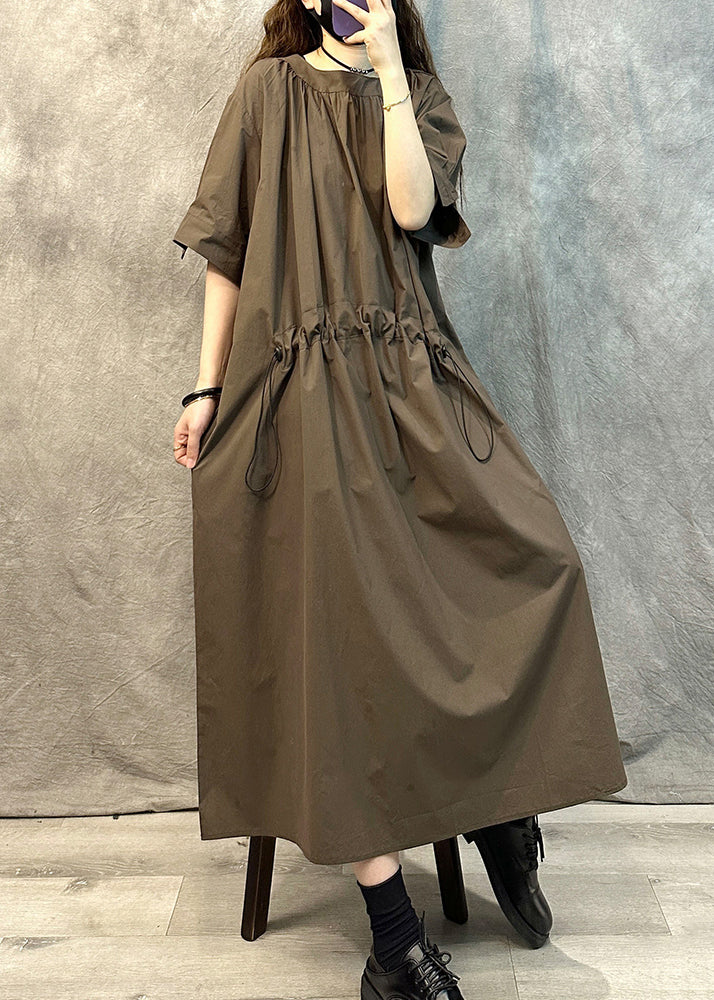 Coffee O-neck Drawstring Cotton Dresses Summer