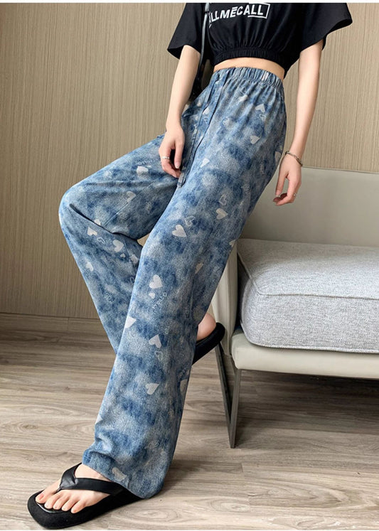 Blue Elastic Waist Tie Dye Silk Straight Pants Spring