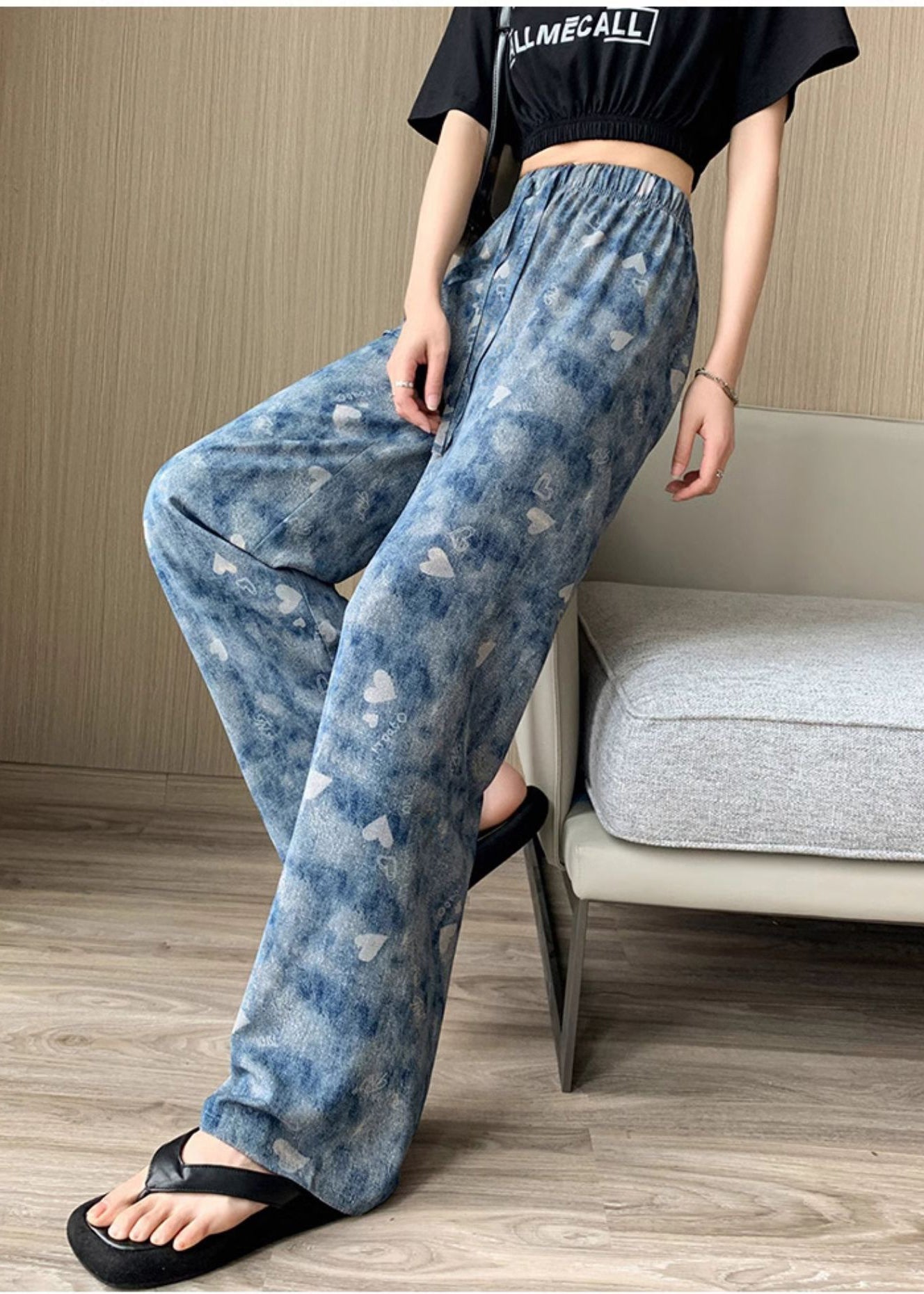 Blue Elastic Waist Tie Dye Silk Straight Pants Spring