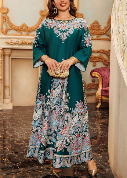 Green O-neck Print Cotton Long Dress Fall