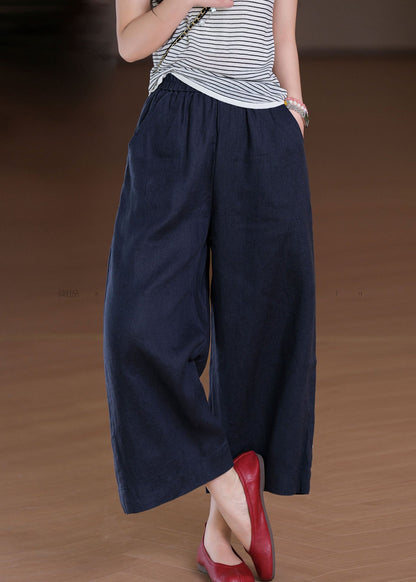 White Elastic Waist Pockets Linen Wide Leg Pants Summer