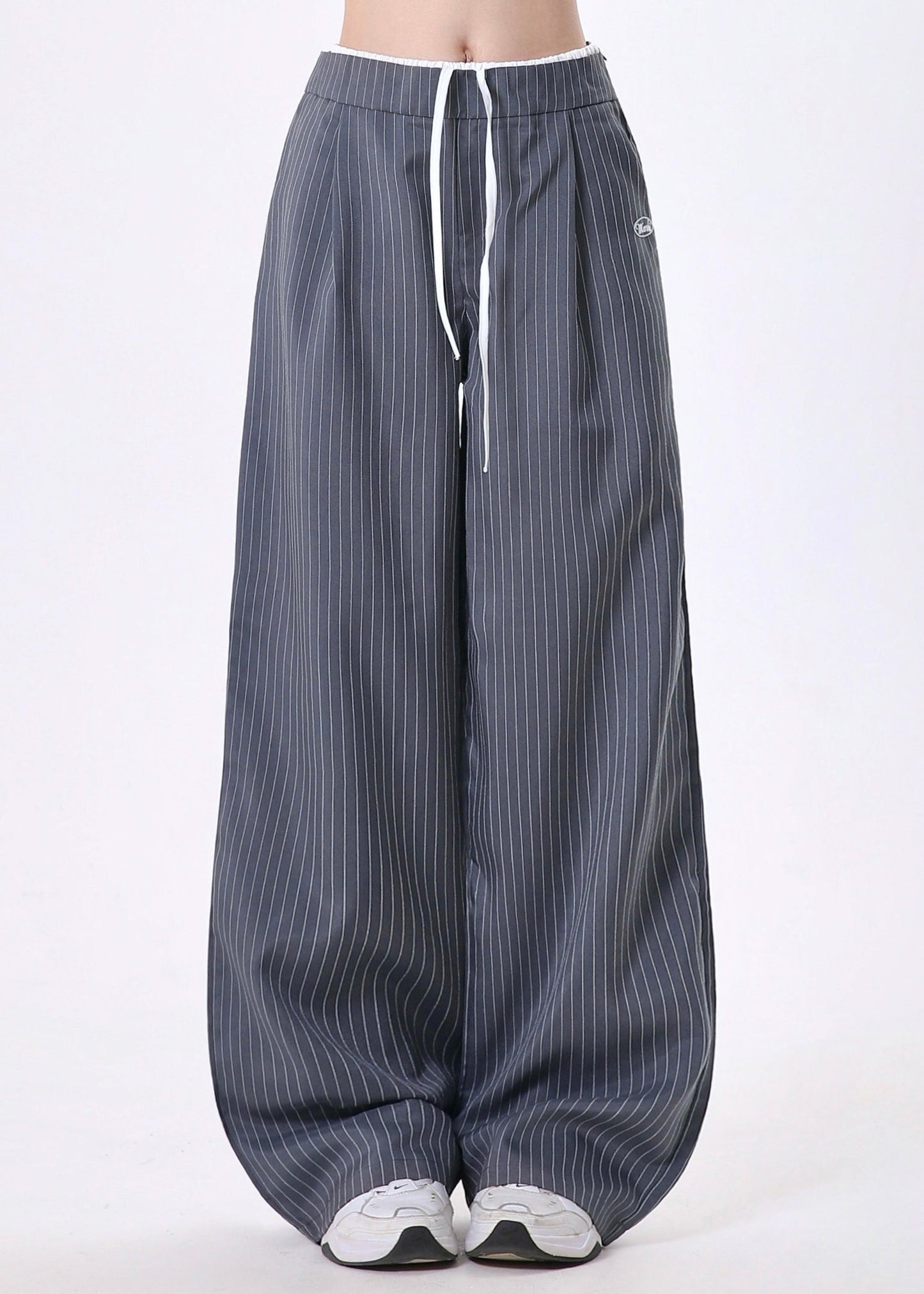 French Grey Oversized Striped Cotton Wide Leg Pants Spring