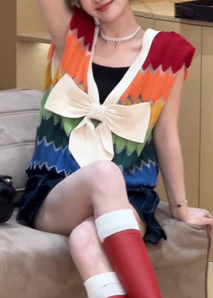 Rainbow Striped V Neck Bow Patchwork Knit Top Summer