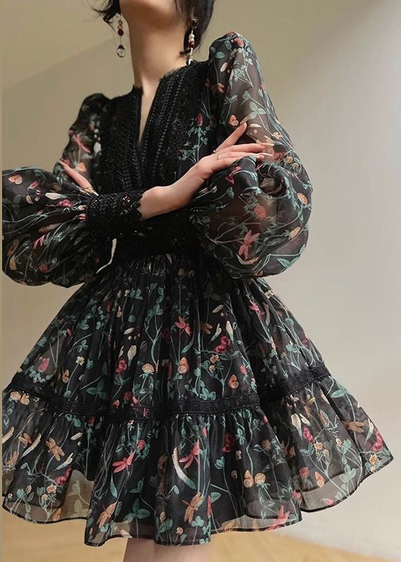 Black V Neck Print Lace Patchwork Chiffon Short Dress Long Sleeve