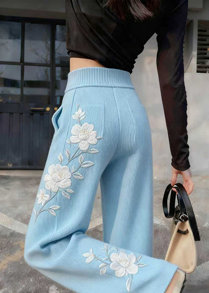 Art Blue Embroidered Knit Straight Pants Spring