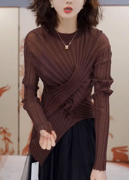 Handmade Coffee O-neck Asymmetrical Wrinkled Tops Spring