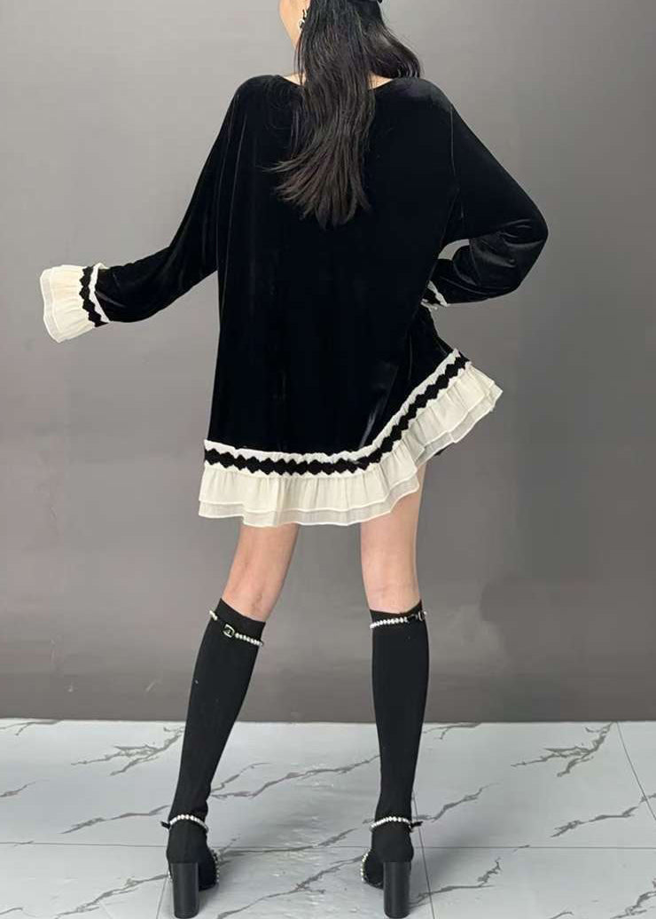 New Black O-neck Patchwork Silk Velour Tops Flare Sleeve