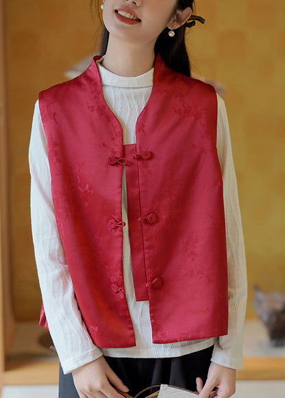 Red V Neck Jacquard Fine Cotton Filled Silk Vest Sleeveless