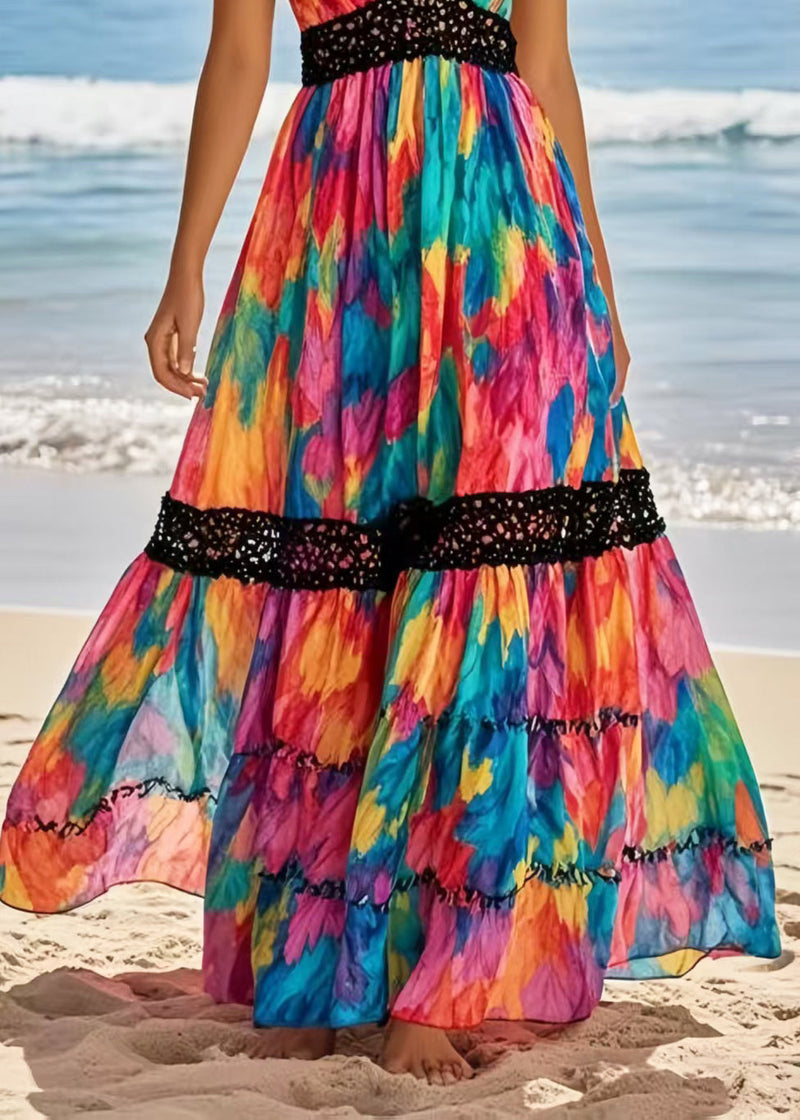 Rainbow Cinched Patchwork Chiffon Vacation Dresses Summer