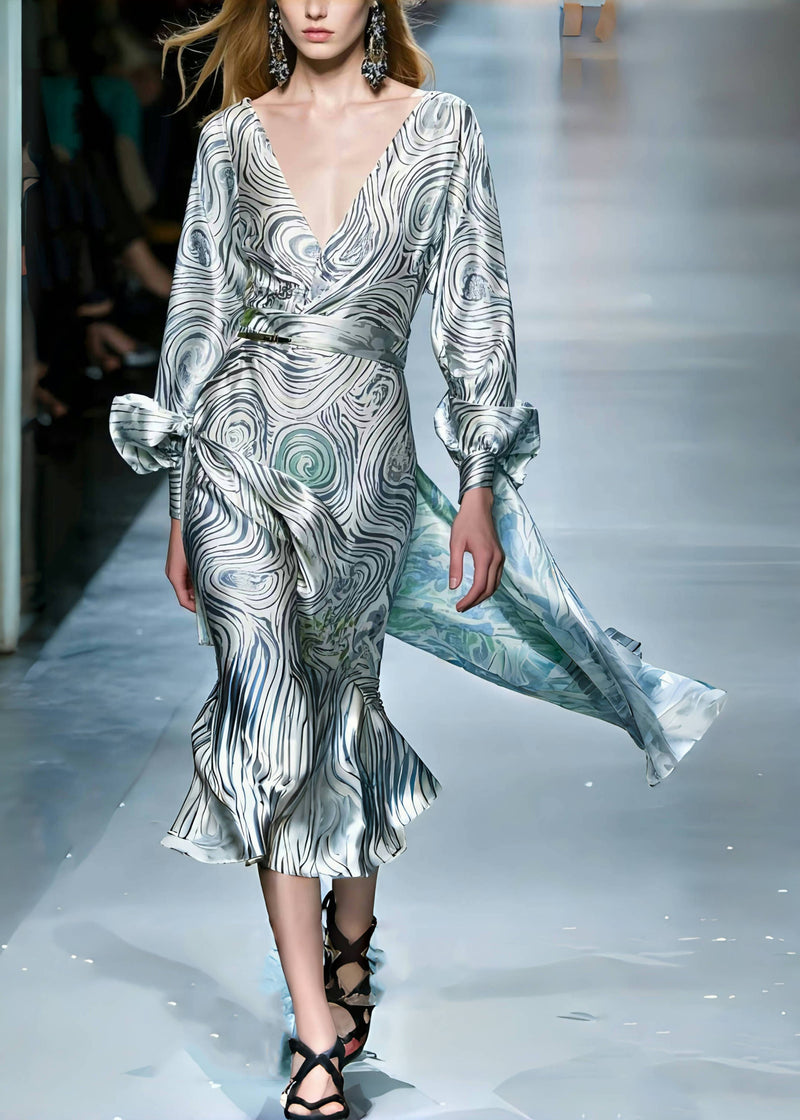 Grey Asymmetrical Striped Silk Robe Dresses Spring