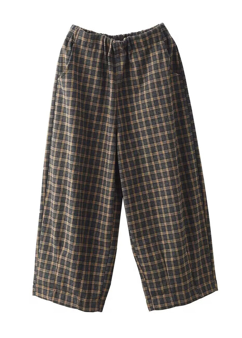 Pockets Plaid Elastic Waist Warm Fleece Trousers Spring
