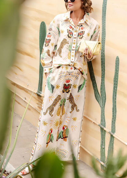 Apricot Print Button Shirts and Straight Pants Two-piece Set Lantern Sleeve