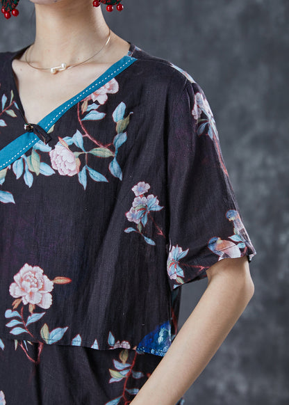 Fine Black Asymmetrical Print Linen Top Summer