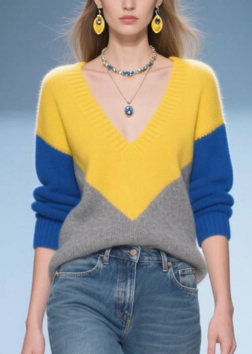 Colorblock V Neck Patchwork Warm Sweater Tops Winter