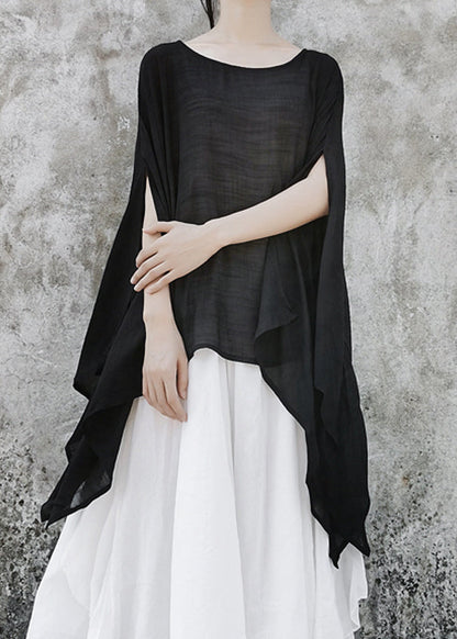 Black Baggy Linen Upf 50+ Tops Asymmetrical Batwing Sleeve