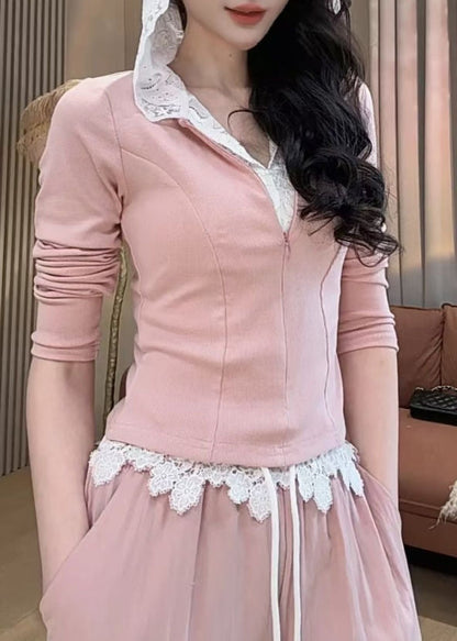 Pink Fake Two Pieces Hooded Sweatshirt and Wide Leg Pants Two Pieces Set Spring