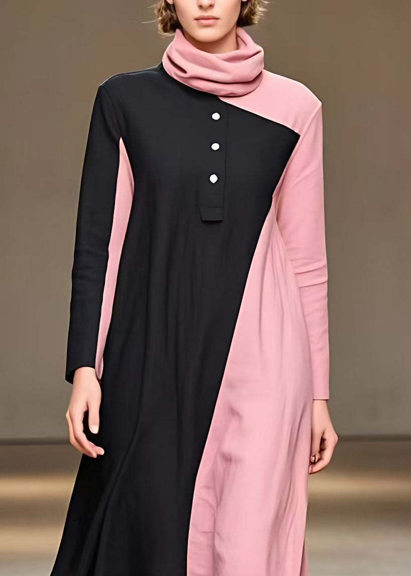 Colorblock Turtleneck Patchwork Button Long Dress Fall