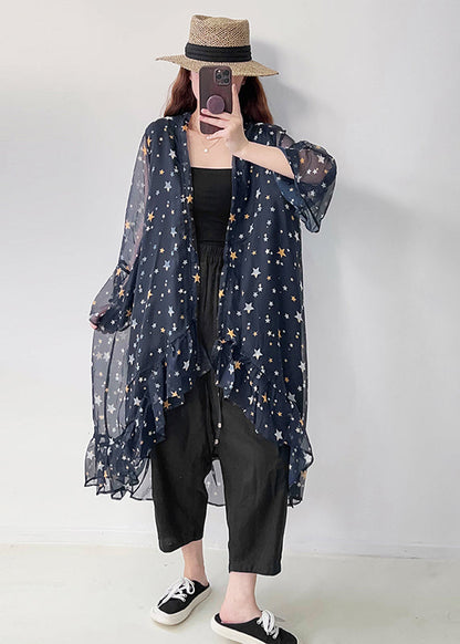Navy Ruffled Print Chiffon Upf 50+ Cardigan Summer