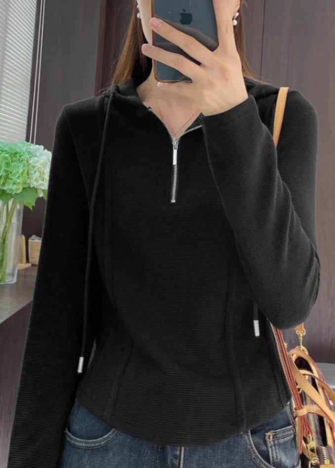 Grey Hooded Zippered Cotton T Shirt Spring