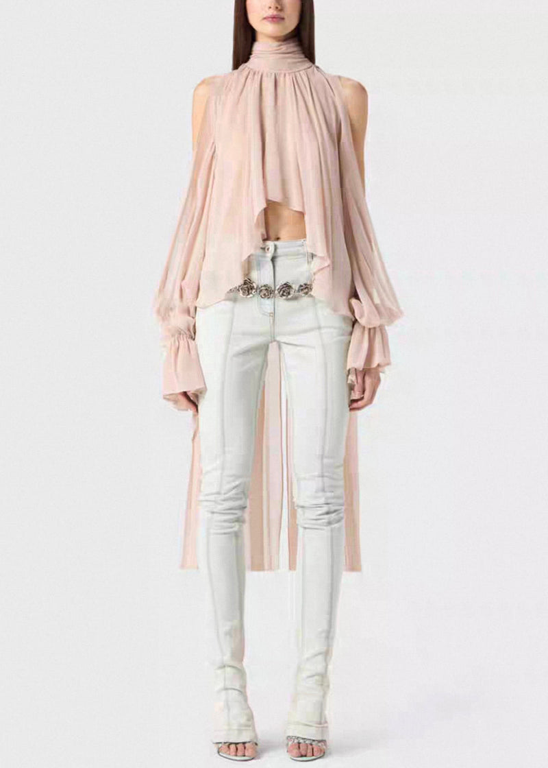 Pink Lace Up Chiffon Fall Shirt Asymmetrical
