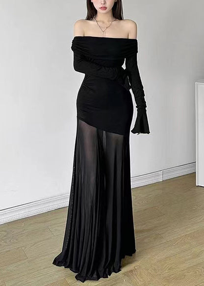 Fine Black Cold Shoulder Patchwork Tulle Party Dress Spring