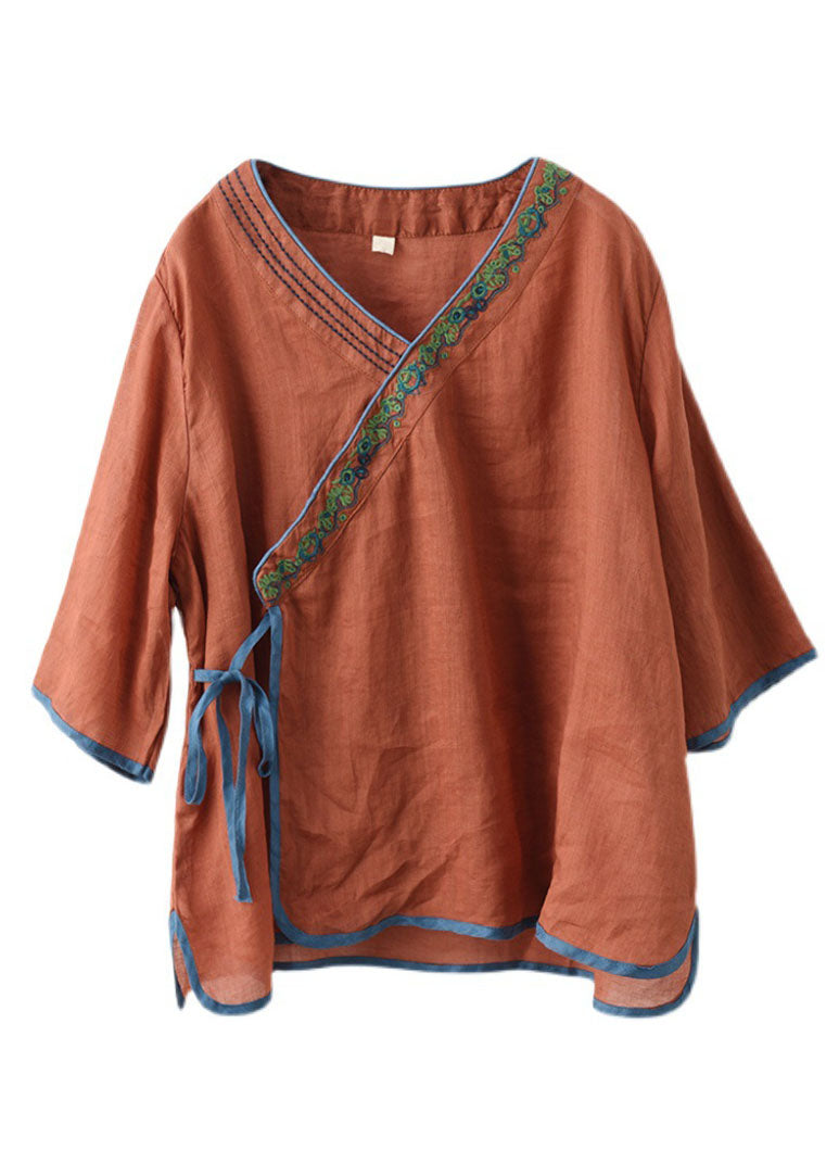 Handmade Caramel V Neck Embroidered Tie Waist Linen Top Half Sleeve
