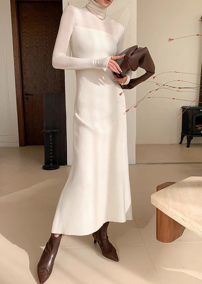 Slim Fit White Turtleneck Knit Long Dress Winter