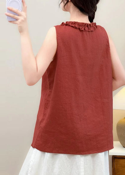 Stylish Red Ruffled Oversized Linen Shirt Summer