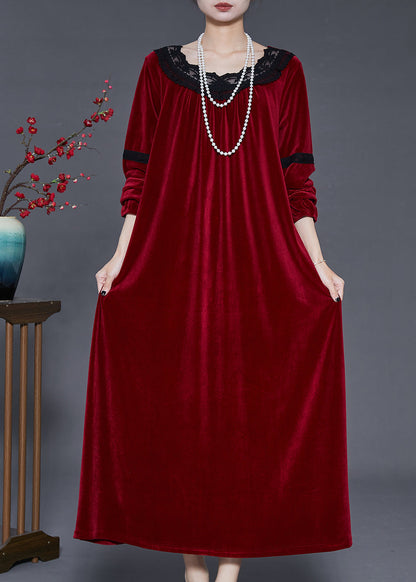 Mulberry Oversized Patchwork Lace Silk Velvet Dress Fall