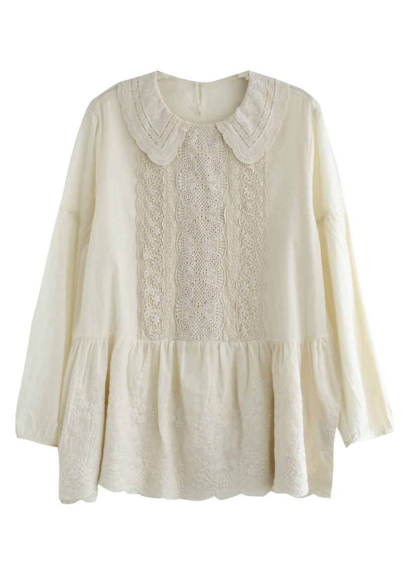 Apricot Peter Pan Collar Embroidered Cotton Shirt Tops Spring