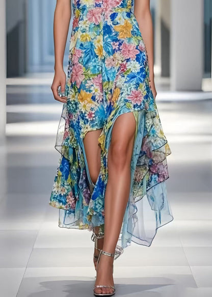 Blue Asymmetrical Print Cami Dress Summer