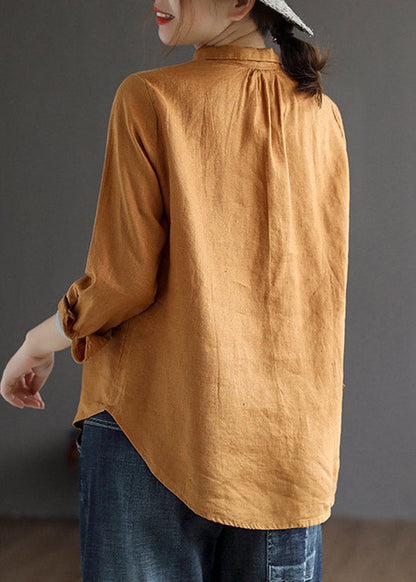 Loose Brown Yellowe Peter Pan Collar Embroidered Button Linen Shirt Long Sleeve