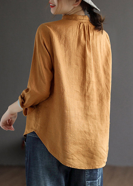 Loose Brown Yellowe Peter Pan Collar Embroidered Button Linen Shirt Long Sleeve