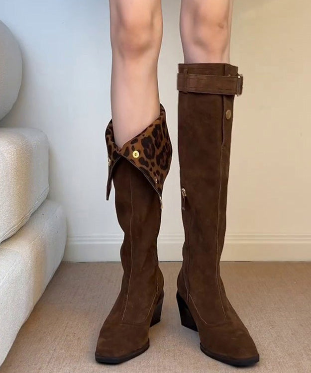 Brown Chunky Heel Suede Stylish Splicing Boots