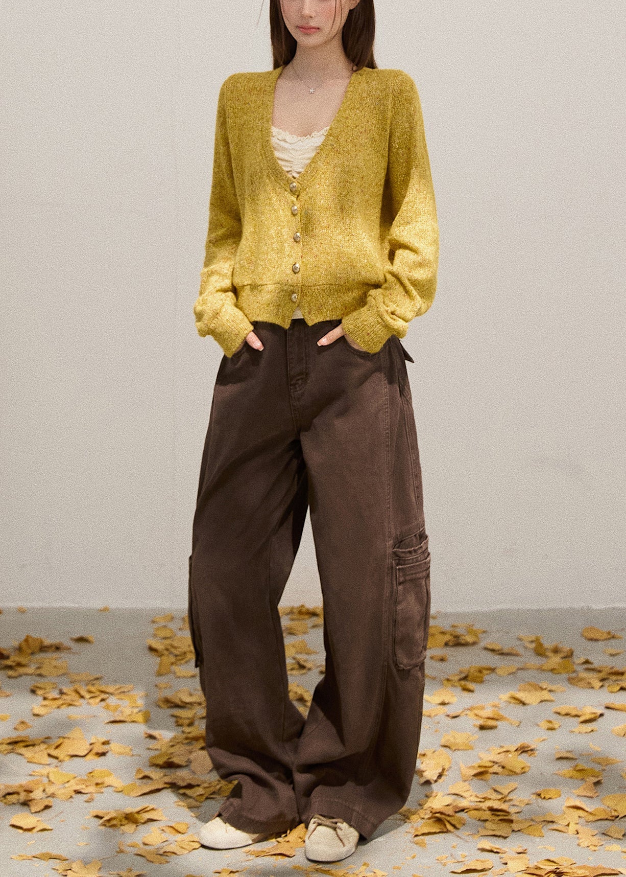 Yellow V Neck Button Down Knit Cardigans Fall