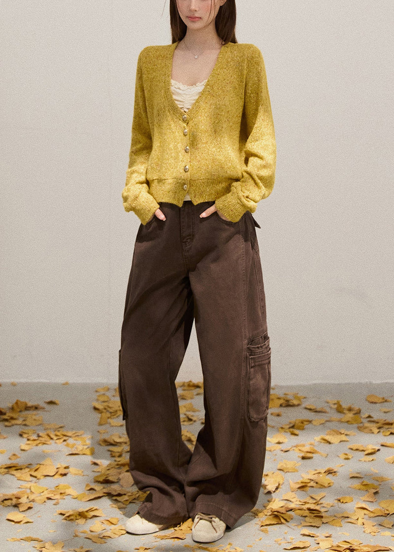 Yellow V Neck Button Down Knit Cardigans Fall