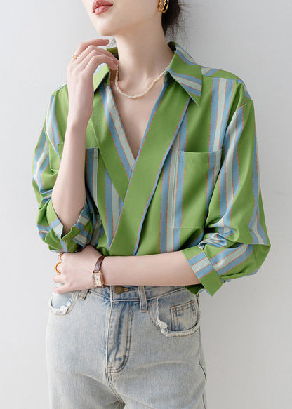 Green Peter Pan Collar Striped Cotton Shirt Top Half Sleeve